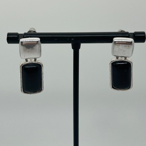Liz Claiborne Vintage Silver-Tone Drop Earrings With Black Acrylic Rectangle Acc - Picture 1 of 11